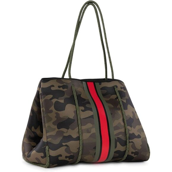 HAUTE SHORE Handbags - Haute Shore Greyson Soho Neoprene Tote Bag in Green Camo with Red Stripe (C4)